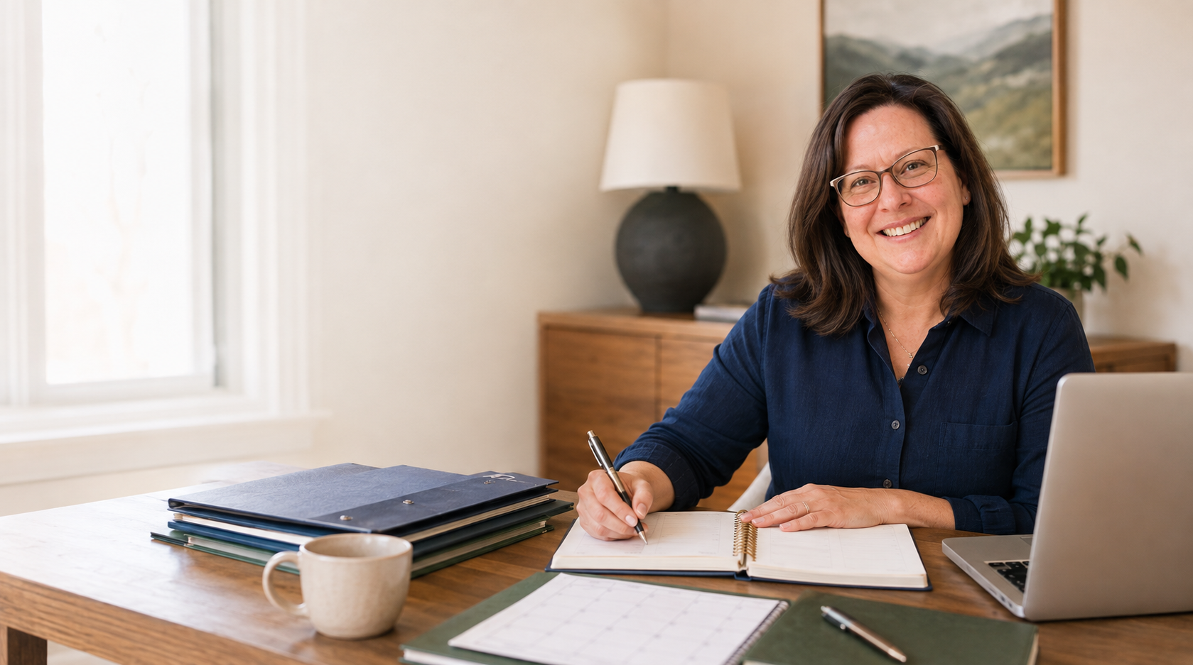 A professional consultant organizing plans at a bright workspace